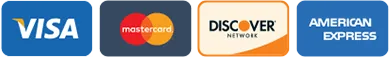 Payment logos on colored tiles: Visa, Mastercard, Discover and American Express