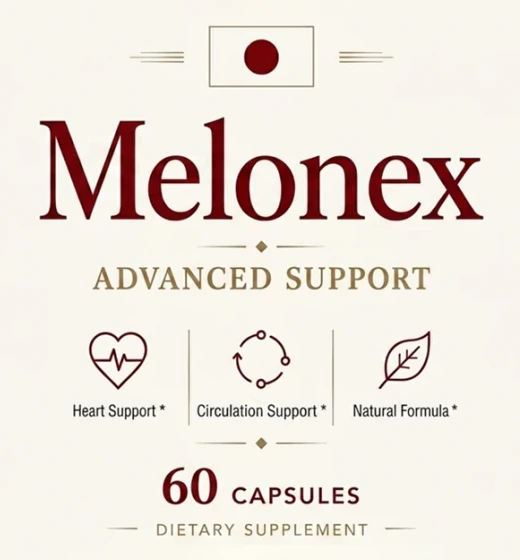 The front of the Melonex label with the wordmark, ADVANCED SUPPORT, three stamps with asterisks and 60 CAPSULES
