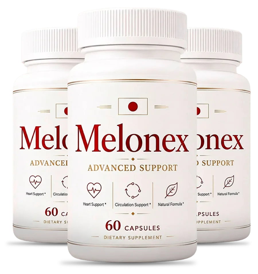 3 white Melonex bottles of 60 capsules, dark red Melonex label
