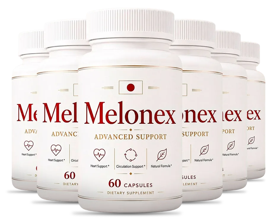 6 white Melonex bottles of 60 capsules, dark red Melonex label