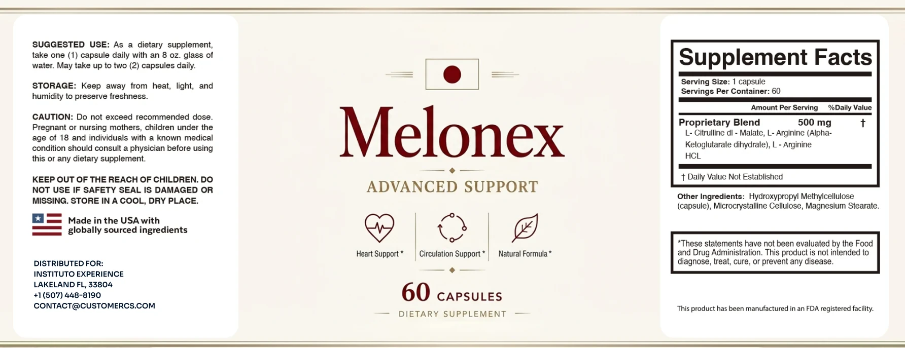 The flat Melonex label: suggested use, storage and caution on the left; the Melonex wordmark, ADVANCED SUPPORT and three icons in the middle; Supplement Facts on the right
